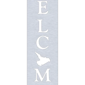 Vertical aluminum wall sign with the word 'WELCOME' cut out. The 'O' is replaced by a detailed cutout of the Labrador map. The sign features smooth edges with a brushed metal finish and four mounting holes, one at each corner.